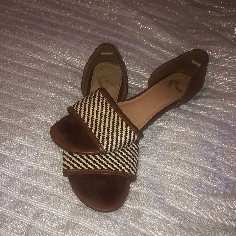 Brown and white one strap sandals
